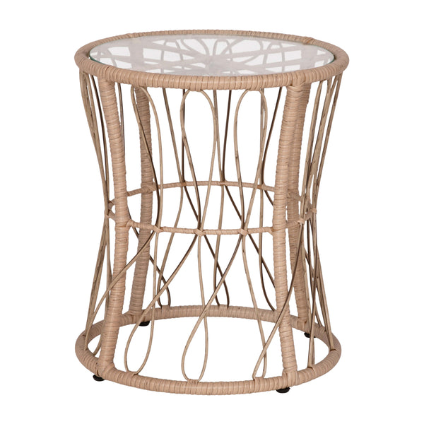 Light Gray Fabric/Tan Frame |#| Indoor/Outdoor Rattan Rope Bistro Set, Glass Top Table & Cushions-Tan/Light Gray