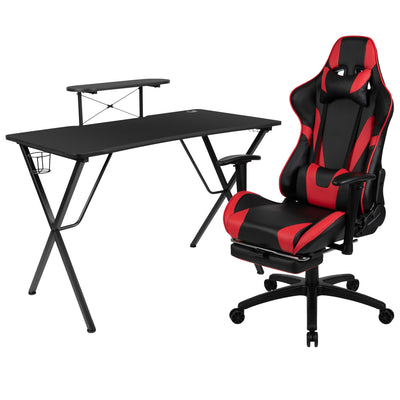 Gaming Desk and Footrest Reclining Gaming Chair Set with Cup Holder, Headphone Hook, and Monitor/Smartphone Stand