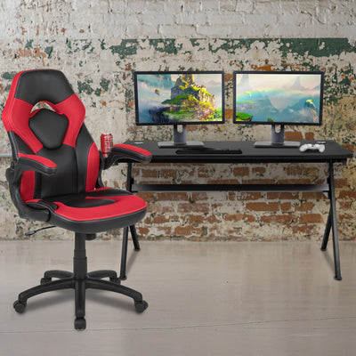 Gaming Desk and Racing Chair Set with Cup Holder, Headphone Hook and Removable Mouse Pad Top - 2 Wire Management Holes