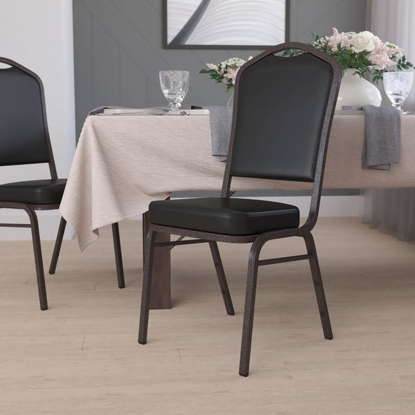 Black Vinyl/Gold Vein Frame |#| Crown Back Stacking Banquet Chair in Black Vinyl - Gold Vein Frame