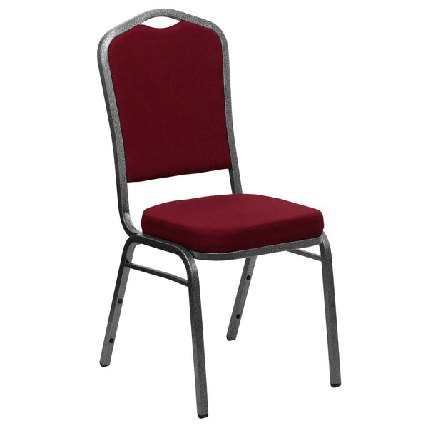 Burgundy Fabric/Silver Vein Frame |#| Crown Back Stacking Banquet Chair in Burgundy Fabric - Silver Vein Frame