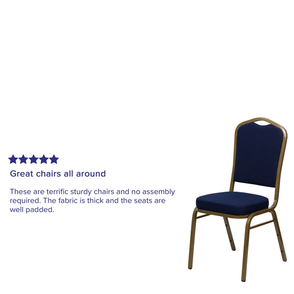 Navy Blue Patterned Fabric/Gold Frame |#| Crown Back Stacking Banquet Chair in Navy Blue Patterned Fabric - Gold Frame