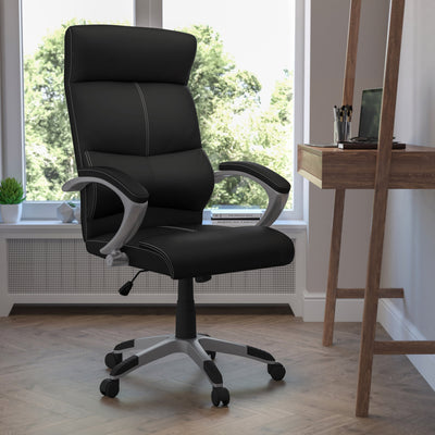 High Back LeatherSoft Executive Swivel Office Chair with Curved Headrest and White Line Stitching