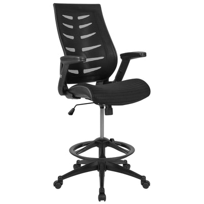 High Back Mesh Spine-Back Ergonomic Drafting Chair with Adjustable Foot Ring and Adjustable Flip-Up Arms