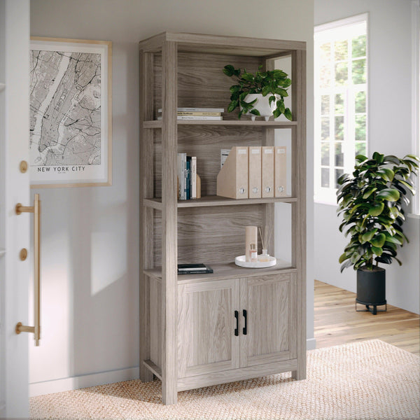 Gray Frame/Oil Rubbed Bronze Hardware |#| Gray 4 Tier Shaker Style Bookcase with Cabinet and Oil Rubbed Bronze Hardware