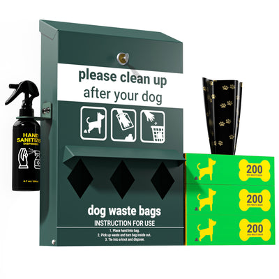 Kessler Locking Dog Waste Bag Dispenser with Glow in the Dark Sign, Hand Sanitizer Bottle and Rain Guard - 600 Roll Bags Included