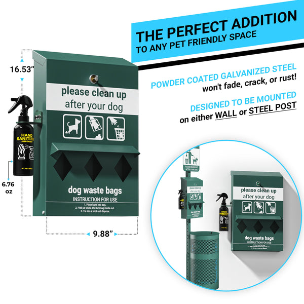 Mountable Locking Roll Pet Waste Bag Dispenser with Hand Sanitizer Bottle