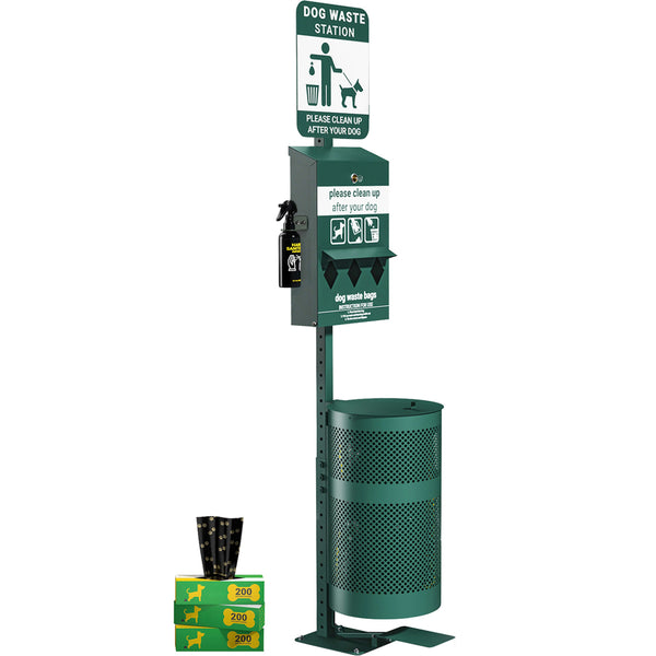 Pet Waste Station-Pull Out Bag Dispenser-Sanitizer Bottle-Pedal Trash Can-Green