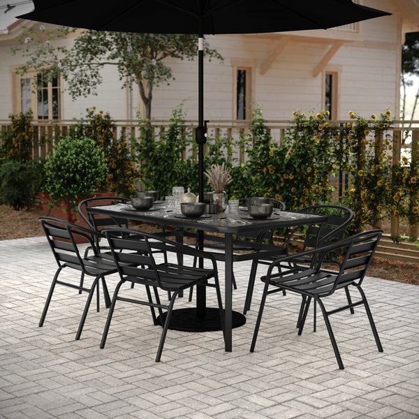 Commercial Patio Dining Set with Tempered Glass Top Table and 6 Chairs in Black