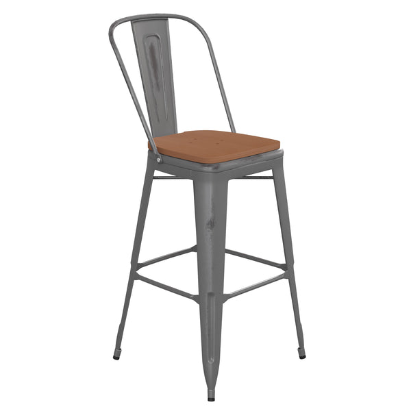 Teak Seat/Clear Coated Frame |#| Indoor Bar Height Stool with Poly Resin Colorful Seat - Clear Coated/Teak