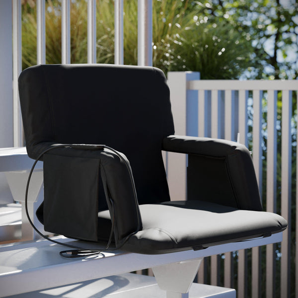 Black |#| Foldable Reclining Stadium Chair with Backpack Straps-Heated Back and Seat-Black