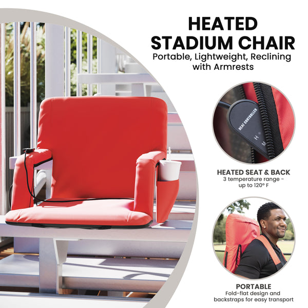 Red |#| Foldable Reclining Stadium Chair with Backpack Straps-Heated Back and Seat-Red