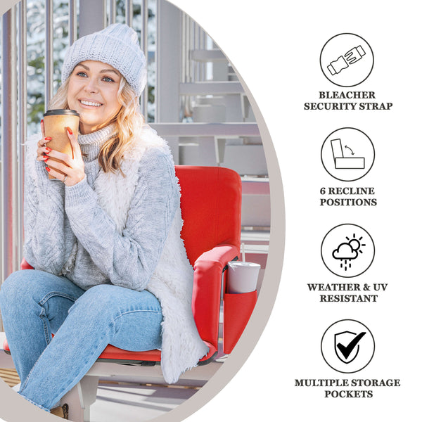 Red |#| Foldable Reclining Stadium Chair with Backpack Straps-Heated Back and Seat-Red