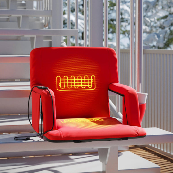Red |#| Foldable Reclining Stadium Chair with Backpack Straps-Heated Back and Seat-Red