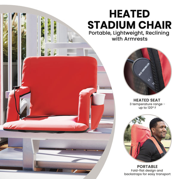 Red |#| Foldable Reclining Stadium Chair with Backpack Straps and Heated Seat - Red