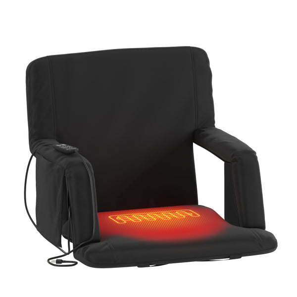Black |#| Foldable Reclining Stadium Chair with Backpack Straps and Heated Seat - Black