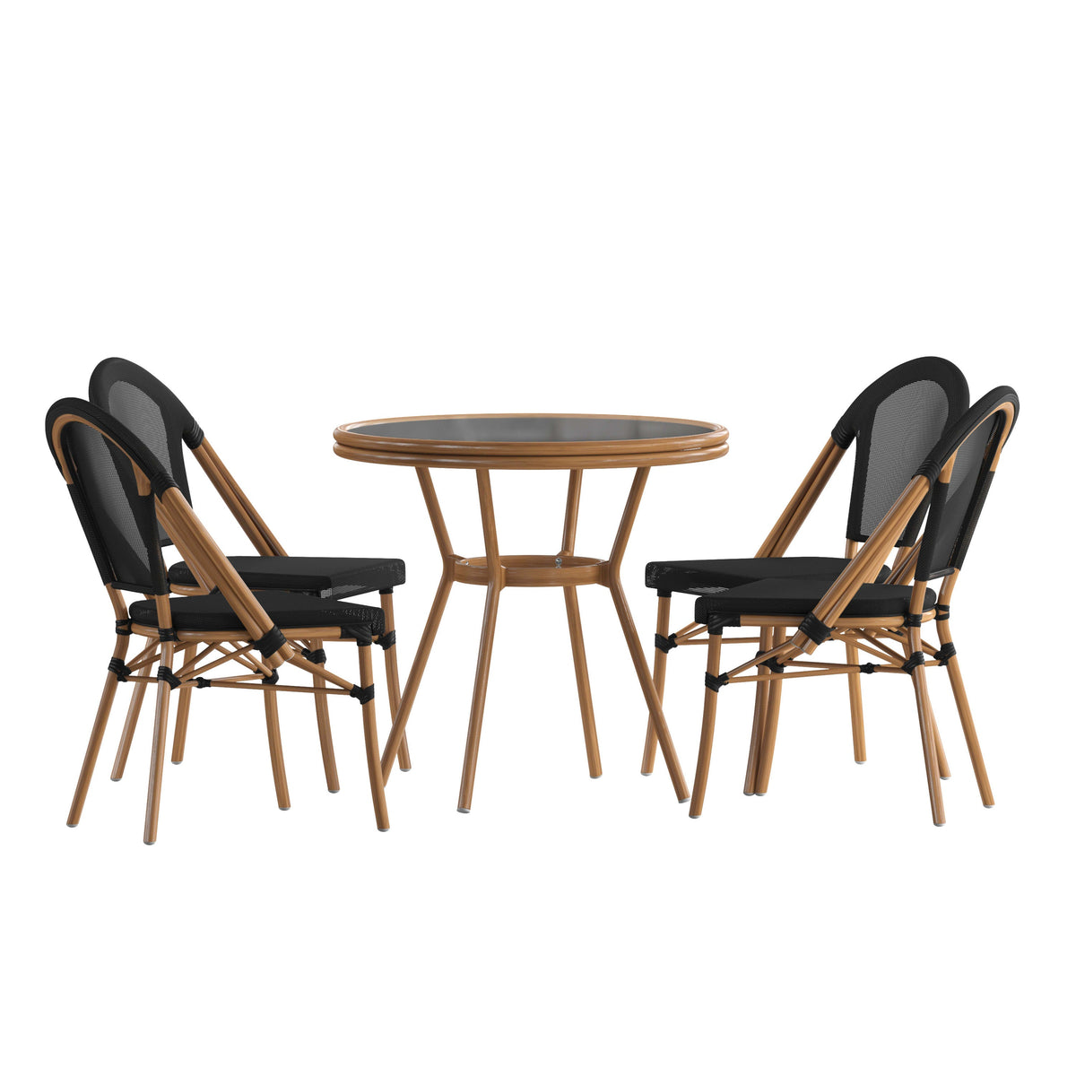 Black Textilene/Natural Frame |#| Indoor/Outdoor Commercial French Bistro Set with Table and Four Chairs in Black