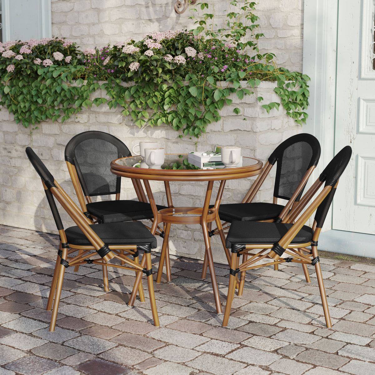 Black Textilene/Natural Frame |#| Indoor/Outdoor Commercial French Bistro Set with Table and Four Chairs in Black