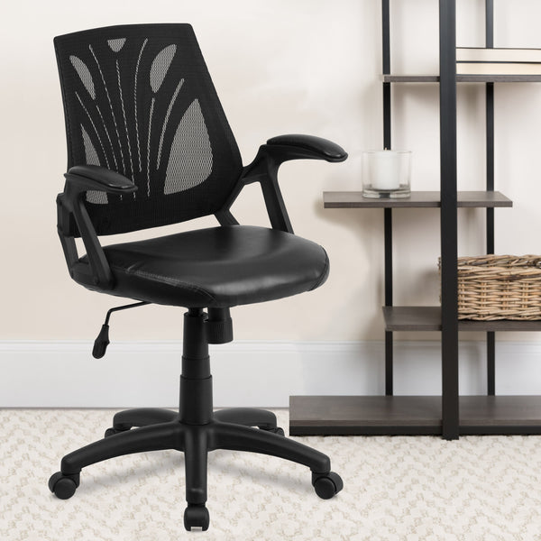 Black Mesh & LeatherSoft |#| Mid-Back Designer Black Mesh Swivel Task Office Chair with LeatherSoft Seat