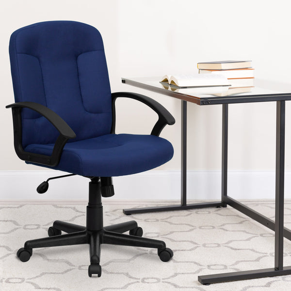 Navy |#| Mid-Back Navy Fabric Executive Swivel Office Chair with Nylon Arms