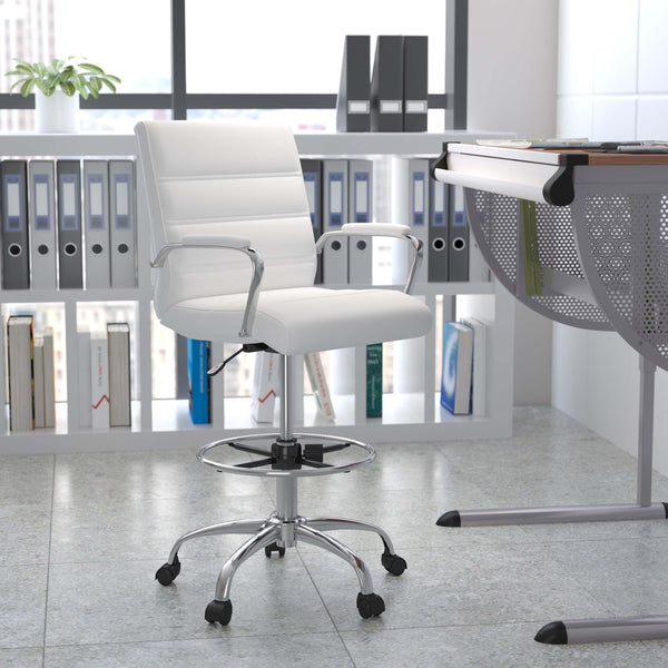 White |#| Mid-Back White LeatherSoft Drafting Chair - Adjustable Foot Ring and Chrome Base