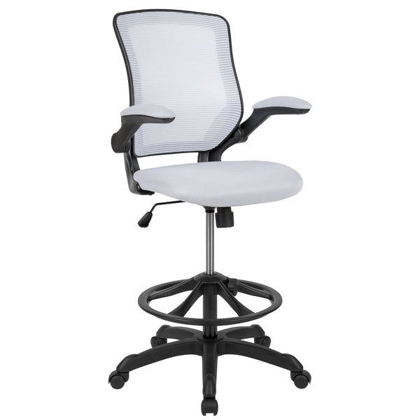 White |#| Mid-Back White Mesh Ergonomic Drafting Chair with Foot Ring and Flip-Up Arms