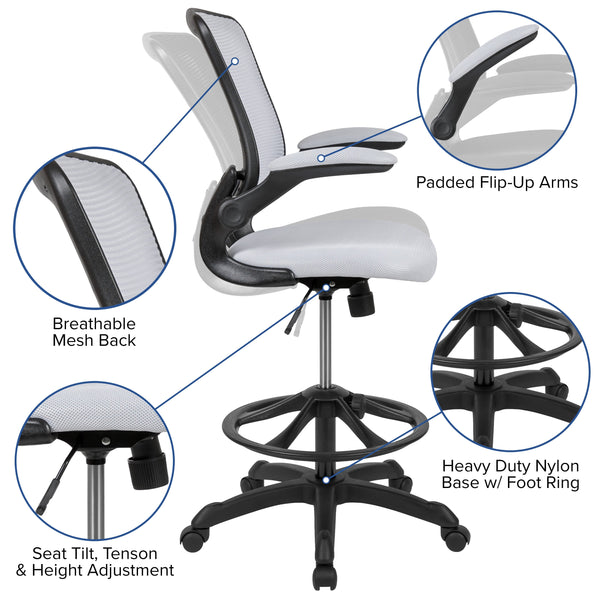 White |#| Mid-Back White Mesh Ergonomic Drafting Chair with Foot Ring and Flip-Up Arms