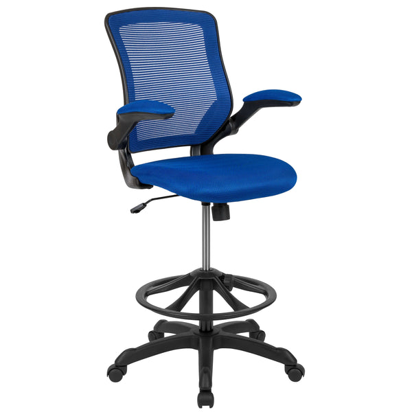 Blue |#| Mid-Back Blue Mesh Ergonomic Drafting Chair with Foot Ring and Flip-Up Arms