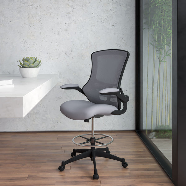 Dark Gray Mesh/Black Frame |#| Mid-Back Dark Gray Mesh Ergonomic Drafting Chair with Foot Ring and Flip-Up Arms