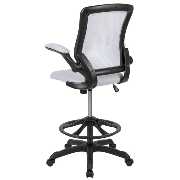 White |#| Mid-Back White Mesh Ergonomic Drafting Chair with Foot Ring and Flip-Up Arms