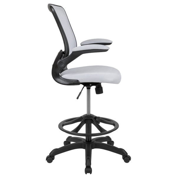 White |#| Mid-Back White Mesh Ergonomic Drafting Chair with Foot Ring and Flip-Up Arms