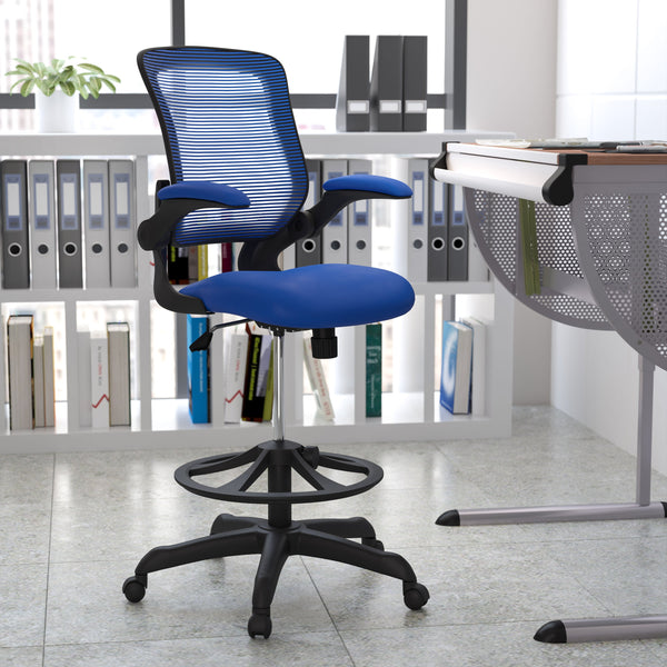 Blue |#| Mid-Back Blue Mesh Ergonomic Drafting Chair with Foot Ring and Flip-Up Arms