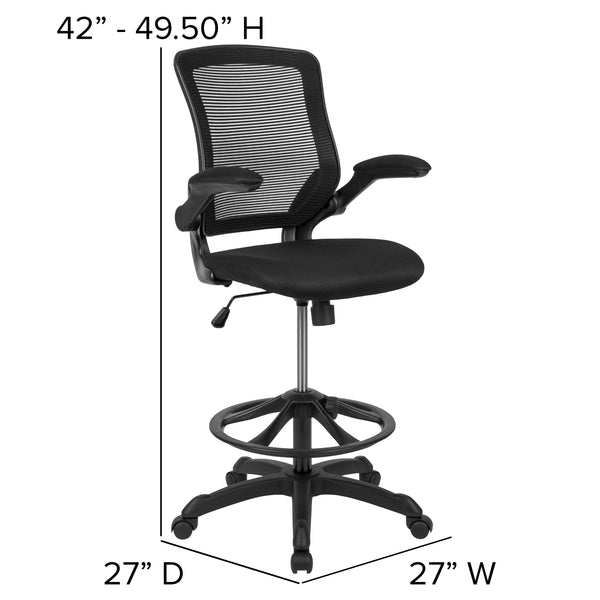 Black |#| Mid-Back Black Mesh Ergonomic Drafting Chair with Foot Ring and Flip-Up Arms