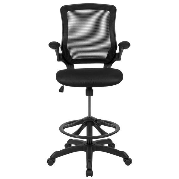 Black |#| Mid-Back Black Mesh Ergonomic Drafting Chair with Foot Ring and Flip-Up Arms