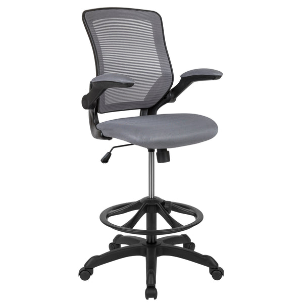 Dark Gray |#| Mid-Back Dark Gray Mesh Ergonomic Drafting Chair with Foot Ring and Flip-Up Arms