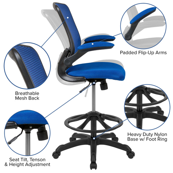 Blue |#| Mid-Back Blue Mesh Ergonomic Drafting Chair with Foot Ring and Flip-Up Arms