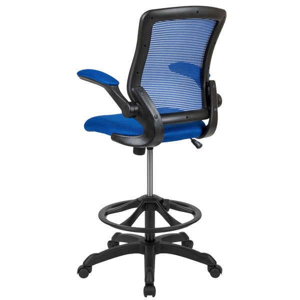 Blue |#| Mid-Back Blue Mesh Ergonomic Drafting Chair with Foot Ring and Flip-Up Arms