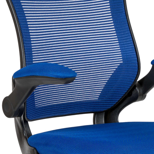 Blue |#| Mid-Back Blue Mesh Ergonomic Drafting Chair with Foot Ring and Flip-Up Arms