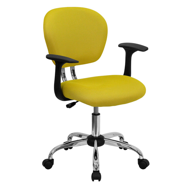 Yellow |#| Mid-Back Yellow Mesh Padded Swivel Task Office Chair with Chrome Base and Arms