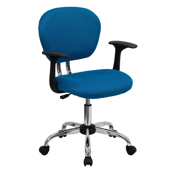 Turquoise |#| Mid-Back Turquoise Mesh Padded Swivel Task Office Chair with Chrome Base & Arms