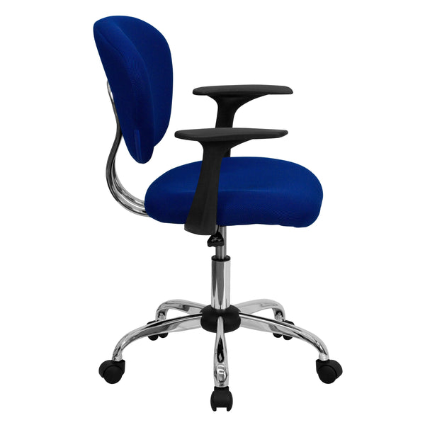 Blue |#| Mid-Back Blue Mesh Padded Swivel Task Office Chair with Chrome Base and Arms