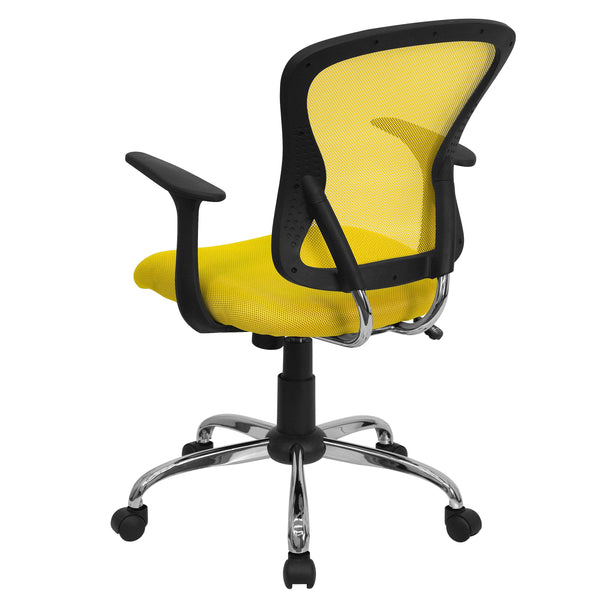 Yellow |#| Mid-Back Yellow Mesh Swivel Task Office Chair with Chrome Base and Arms