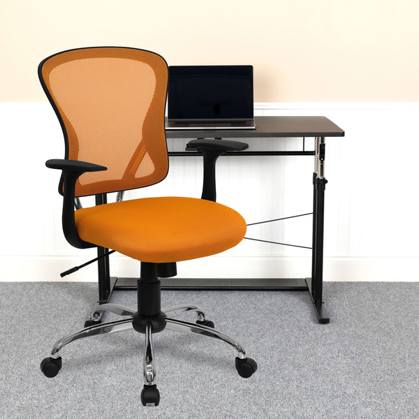 Orange |#| Mid-Back Orange Mesh Swivel Task Office Chair with Chrome Base and Arms