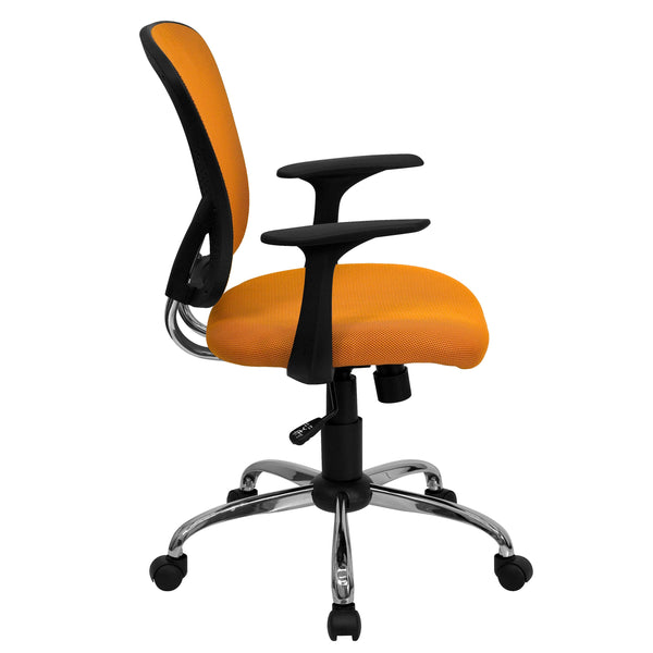 Orange |#| Mid-Back Orange Mesh Swivel Task Office Chair with Chrome Base and Arms