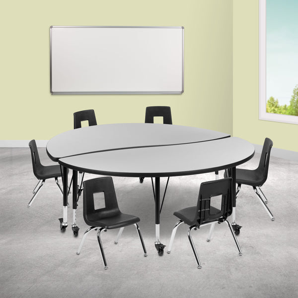 Grey |#| Mobile 60inch Circle Wave Activity Table Set-12inch Student Stack Chairs, Grey/Black