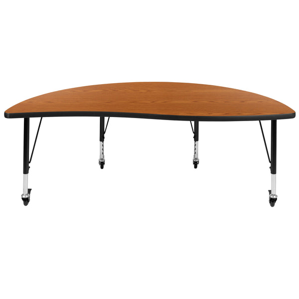 Oak |#| Mobile 60inch Half Circle Wave Collaborative Oak Kids Adjustable Activity Table