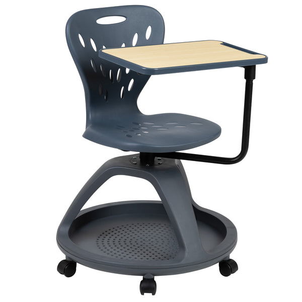 Dark Gray |#| Dark Gray Mobile Desk Chair - 360° Tablet Rotation and Storage Cubby