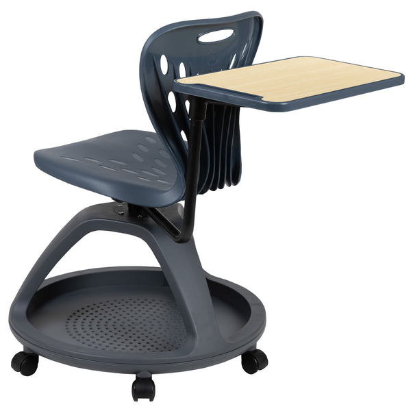 Dark Gray |#| Dark Gray Mobile Desk Chair - 360° Tablet Rotation and Storage Cubby