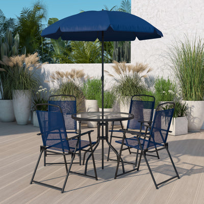 Nantucket 6 Piece Patio Garden Set with Table, Umbrella and 4 Folding Chairs