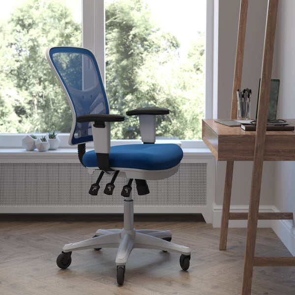 Blue Mesh/White Frame |#| Mid-Back Ergonomic Multifunction Mesh Chair with Polyurethane Wheels-Blue